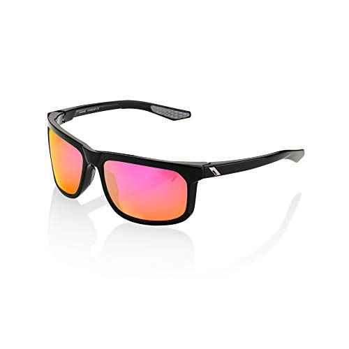100% Hakan Sport Wrap Around Sunglasses - Durable, Lightweight Active Performance Eyewear w/Rubber Temple & Nose Grip (Polished Black - Purple Multilayer Mirror Lens)