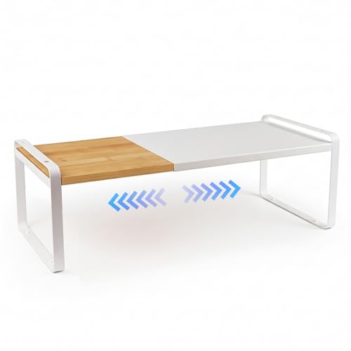 Expandable Cabinet Shelf Organizer & Spice Rack, Stackable Kitchen Counter Shelf with Anti-Slip Legs, Bamboo Cupboard Storage Riser for Dish, Plate & Canned Food (White)