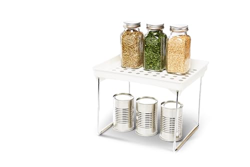 madesmart Small Stacking Shelf, Organizer for Spices, Make-Up, Bottles & Jars, Collapsible Legs for Cabinet or Counter Storage, White