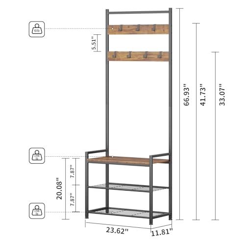Coat Rack Hall Tree with Shoe Storage, Entryway Hall Tree Storage Bench, Wood Look Accent Furniture with Metal Frame, 3-in-1 Design, Rustic Brown - color: Brown