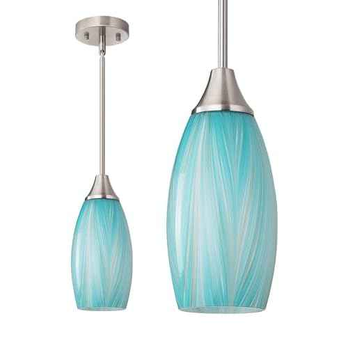 EDISHINE Pendant Lights Kitchen Island, Blue Handcrafted Art Glass Hanging Light, Blown Glass Pendant Light Fixtures Teal with Gold, Adjustable Brushed Nickel Rods, Hardwired Over Island Bar E26