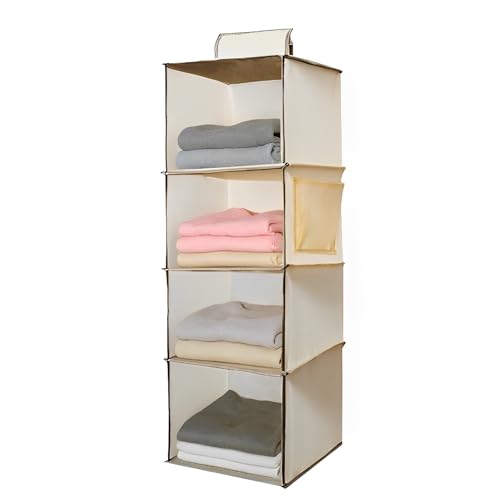 Hanging Closet Organizer 4 Tier Hanging Storage with Side Pocket, Foldable Hanging Shelves for Clothes, Laundry Room & RV Use
