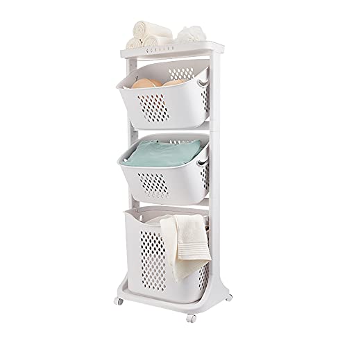 Laundry Basket, 3 Tiers Storage Basket Plastic Clothes Hamper Movable Clothes Hamper Bathroom Hampers With Wheels,Portable Freestanding Dirty For Laundry Room Organization