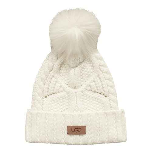 UGG Women's Cable Knit Beanie with Plush Pom - Cozy Winter Hat in Soft Acrylic-Wool Blend, Leather Logo Detail, Nimbus, One Size