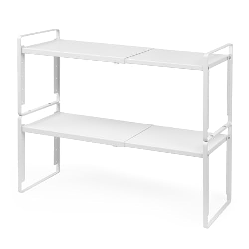 Nxconsu 2 Pack Cabinet Shelf Organizer Stackable 2-Tier, Expandable Width (13.4"–24.8"), 10-Level Adjustable Height, Metal Counter Shelf Riser for Kitchen Cupboard Pantry Under Sink, White, Non-Slip - size: Standard Depth (8.6") - 2 Pack