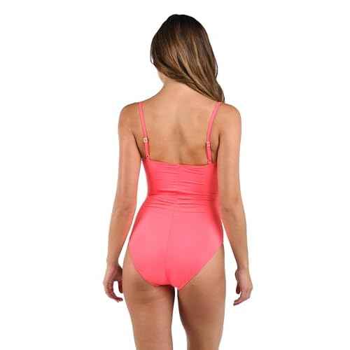 La Blanca One Piece Swimsuit Island Goddess Shirred Side Women's Bathing Suit, Coral Reef, 14