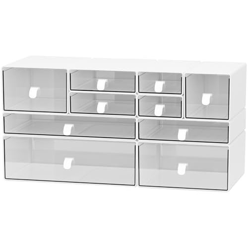 ‌Yashong Desk Organizer Set, White & Clear Stackable Dustproof Storage Boxes for Desktop, Office, DIY Craft & Vertical Space Saving, Perfect for Makeup, Stationery, Jewelry Organization - size: 10 drawer