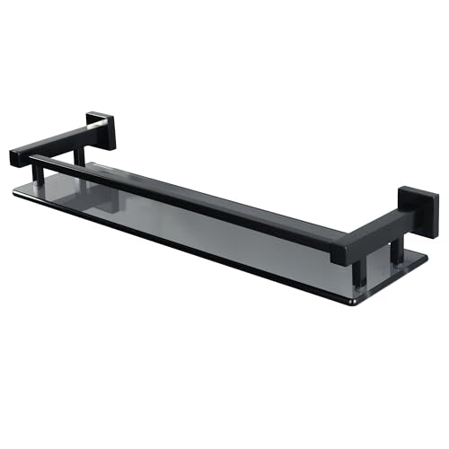 Alise Glass Shelf for Bathroom 20 inch, Matte Black Glass Floating Shelves, Stainless Steel Glass Bathroom Shelves Wall Mounted - color: Matte Black, size: 20 Inch