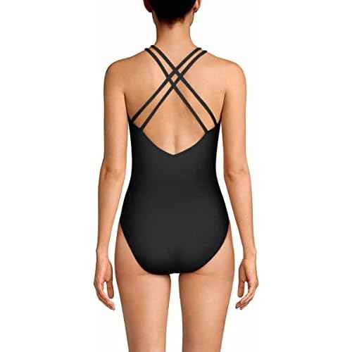 Speedo Womens Swimsuit One Piece Black Adult V-Neck with Back Interest, Conservative Cut (XL)