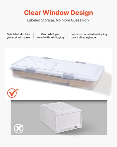 VEVOR Under Bed Storage with Wheels, 39.8 x 20.1 x 5.9 inch Underbed Containers, Underbed Shoes Organizer with Lid & Gray Latch, Rolling Under the Bed Storage Bins for Clothes Shoes Blankets, 2 Pack
