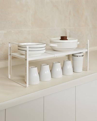 Nxconsu 2 Pack Cabinet Shelf Organizer Stackable 2-Tier, Expandable Width (13.4"–24.8"), 10-Level Adjustable Height, Metal Counter Shelf Riser for Kitchen Cupboard Pantry Under Sink, White, Non-Slip - size: Standard Depth (8.6") - 2 Pack