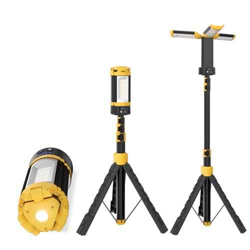 LHOTSE Rechargeable Camping Light with Stand, 83" Tall Portable 3000 Lumens Cordless Work Light with 3 LED Lamps Head & Detachable Tripod, 9AH Battery LED Work Light Dimmable with Travel Bag