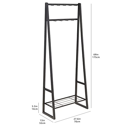 Amazon Basics 9 Hooks Coat Rack, Freestanding Entryway Shoe Bench with Metal 1-Tier Storage Shelf, Space Saving for Hallway and Bedroom, 13" D x 27.6" W x 69" H, Black