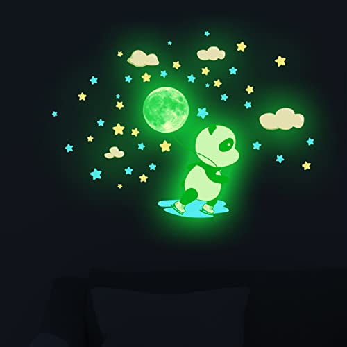Glow in The Dark Panda Wall Stickers,38 Pcs Fluorescence Animal Star Moon Cloud Decals Girls Baby Kids Bedroom Nursery Classroom Luminous Wall Decorations