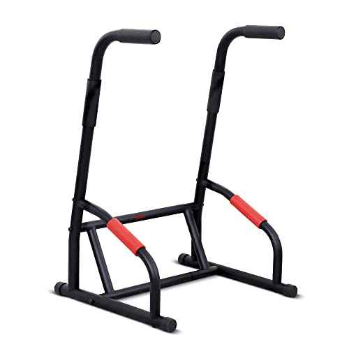 Sunny Health & Fitness Power Tower, Dip Bar, Push-Up & Pull Up Assisting Parallette Station w Optional Rock Climbing Grip Trainer