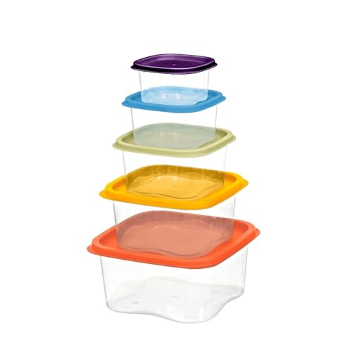 KARO DAILY 5-Pack Nesting Food Storage Containers with Colorful Airtight Lids – BPA-Free Stackable Plastic Meal Prep Containers, Space-Saving Kitchen & Pantry Organizer Set for Fridge & Freezer