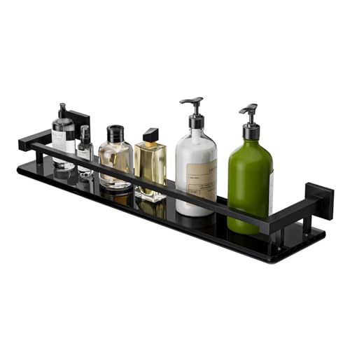 Alise Glass Shelf for Bathroom 20 inch, Matte Black Glass Floating Shelves, Stainless Steel Glass Bathroom Shelves Wall Mounted - color: Matte Black, size: 20 Inch