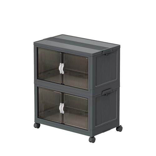 51QT Stackable Storage Bins with Lids & Wheels - Foldable Cabinet Clear Door Plastic Organizer Containers for Home, Garage, Pantry Organization - Collapsible Design Gray 2T - size: 51Qt/13Gal-2Packs/1Top Lid