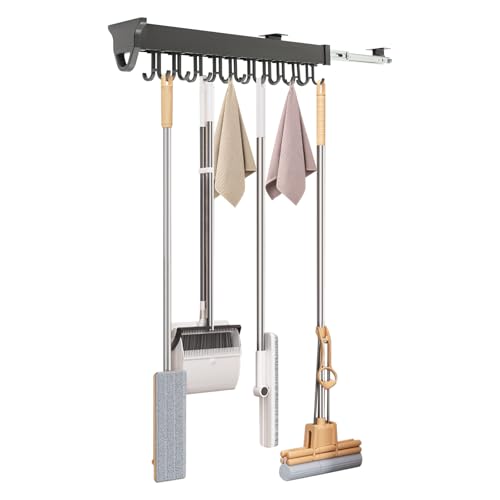 Pull Out Broom Holder Wall Mount, 20-Hook Slide Rail Organizer with Damping System, 66lb Heavy Duty Brooms and Mops Pull Out Storage Rack for Brooms/Mops/Clothes, Laundry Room & Kitchen, Black