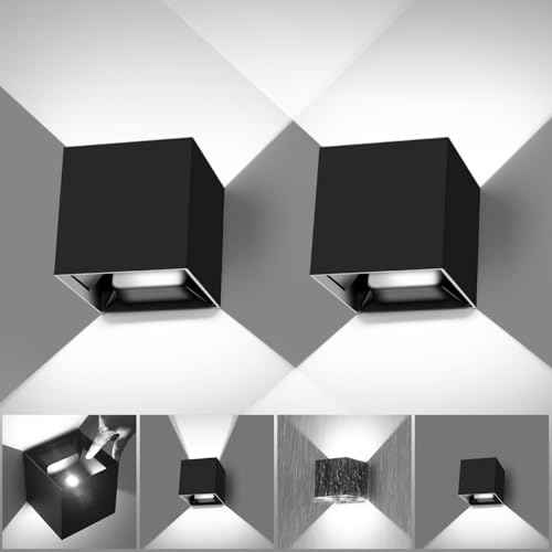 BIRTALO 20 Watt LED Up and Down Outdoor Wall Lights Adjustable 6500K Modern Wall Sconce Square Waterproof Black Aluminum Exterior/Interior Porch Lighting for Living Room,Gardens,Stairs,2 Pack