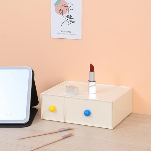 Desktop Storage Drawers, Plastic Desk Organizer with 2 Drawers, Modular Stackable Toolbox Units for Office Stationary, Makeup Container, Bathroom Countertop (1 Tall Layer, Cream) - color: 1 Tall Layer & 2 Drawers, Cream