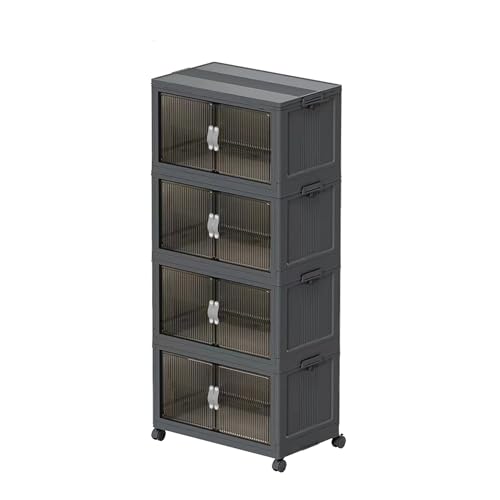 51QT Stackable Storage Bins with Lids & Wheels - Foldable Cabinet Clear Door Plastic Organizer Containers for Home, Garage, Pantry Organization - Collapsible Design Gray 4T - size: 51Qt/13Gal-4Packs/1Top Lid