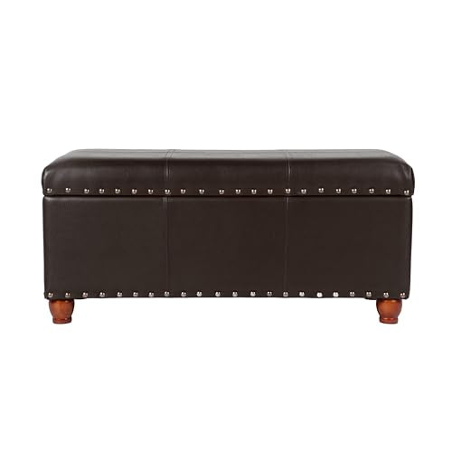 HomePop Espresso Faux Leather Storage Cocktail Bench with Nailhead Trim - color: Espresso Brown