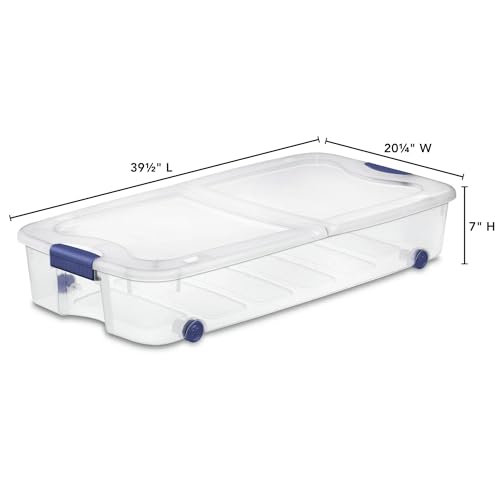 Blue Large Storage Bin, 66 Quart Clear Underbed Storage Container with Latch Lid and Wheels