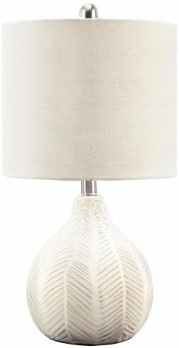 Signature Design by Ashley Rainermen Casual Ceramic Table Lamp, Transparent White Glaze Finish, Drum Hardback Fabric Shade, 11" W x 11" D x 21" H, Off White