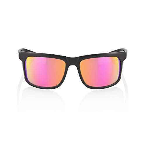 100% Hakan Sport Wrap Around Sunglasses - Durable, Lightweight Active Performance Eyewear w/Rubber Temple & Nose Grip (Polished Black - Purple Multilayer Mirror Lens)