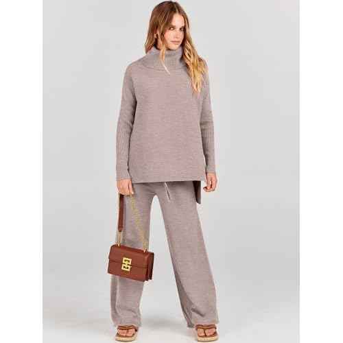 ANRABESS Women Two Piece Outfits Oversized Turtleneck Knit Pullover Sweater Top Wide Leg Pants Lounge Set Sweatsuit 2025 Fall