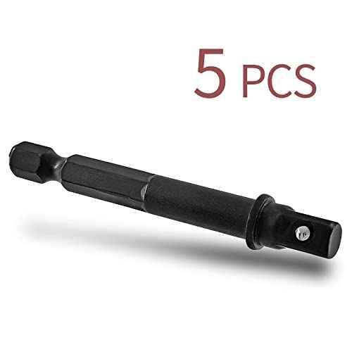 Biaungdo Square Socket Bit Adapter, 5 Pcs 1/4 Hex Impact Socket Extension Socket Driver Bits Set Impact Socket Adapter for Automotive DIY Drills(1/4 Hex Shank, Black)