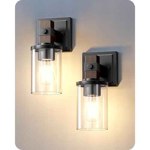 EDISHINE Wall Sconces Set of 2, Farmhouse Vanity Light Fixtures with Clear Glass Shade & Dark Brown Wood Grain Paint, 1-Light Wall Mount Lamp for Bathroom, Hallway, Living Room, Mirror, Kitchen