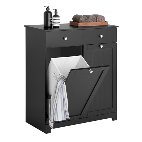 Haotian Tilt-out Bathroom Laundry Cabinet Hidden Hamper Organizer with Double Baskets and Drawers Storing Unit Storage Chest Cupboard, Black BZR33-SCH