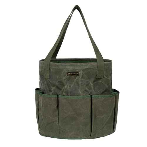 Denifiter Professional 16oz Waxed Canvas Garden Tool Tote - Extra Large Waterproof Storage with 8 Pockets & Reinforced Base | Durable Carrying Case for Gardening, Landscaping & Outdoor Work