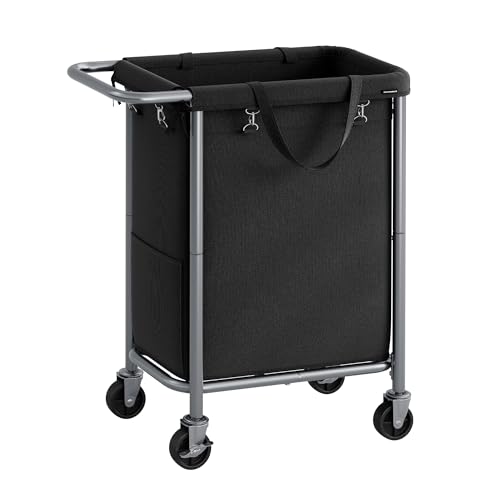 SONGMICS Laundry Basket with Wheels, Rolling Laundry Hamper, 23.8 Gallons (90 L), Removable Liner, Steel Frame with Handle, 24 x 11.4 x 31.9 Inches, Ink Black URLS003B01 - color: Ink Black, size: 90 L (1-Section), style: Rectangular with handle