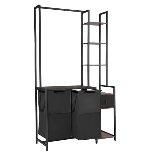 VEVOR 3 Tiers Laundry Sorter with Rack, Tall Laundry Hamper with Shelves and Drawers, 2 Section Freestanding Hanging Rack Storage with 600D Oxford Cloth Bags and Ladder Shelves for Dirty Clothes