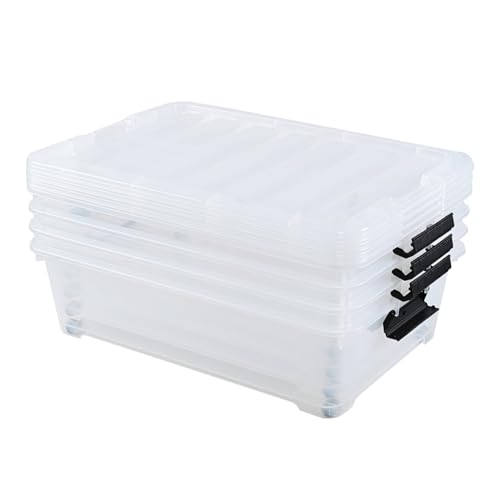 4-Pack 25 Quart Large Plastic Underbed Clothes Storage Containers Bins, Wheeled Latching Box with Lids for Closet Organizers Shoes Underbed, Clear - size: 25 Quart