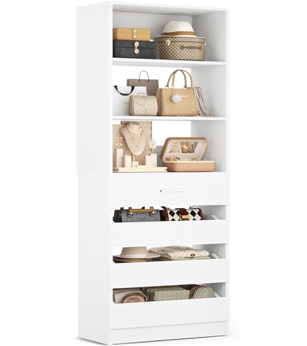 Aheaplus 21.3" Closet System with 4 Drawers, Wood Closet Organizer with Open Shelves, Modular Drawers System Tower, Walk-in Closets Small Wardrobe Rack, Tall Storage Cabinet Unit, White - color: White