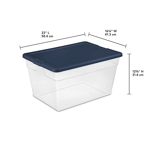 Sterilite Storage Box, Clear Plastic Stackable Bin, Tote with Lid, 56 Quart, Marine Blue