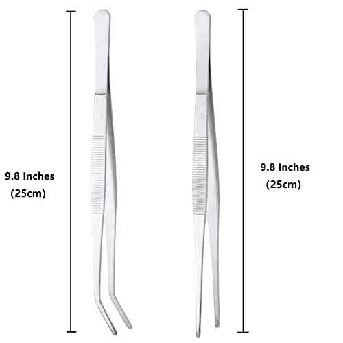 Miupoo Long Handle Stainless Steel Paint Straight and Curved Tweezers Nippers,Extra Long Precision Craft Tweezers Set with Serrated Tips,Silver,2 pieces,9.8Inches