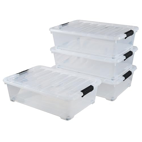 4-Pack 25 Quart Under Bed Plastic Storage Bins, Clear Under Bed Storage Box Container with Wheels - size: 25 Quart