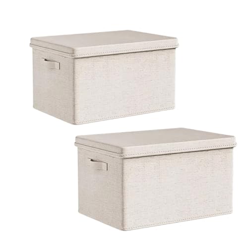 Large Collapsible Fabric Storage Bins with Lids (2-Pack) - 17.5x12x11.5 Inch Cotton Linen Organizers, Foldable Closet & Bedroom Storage Baskets with Handles, Off-White - size: XL