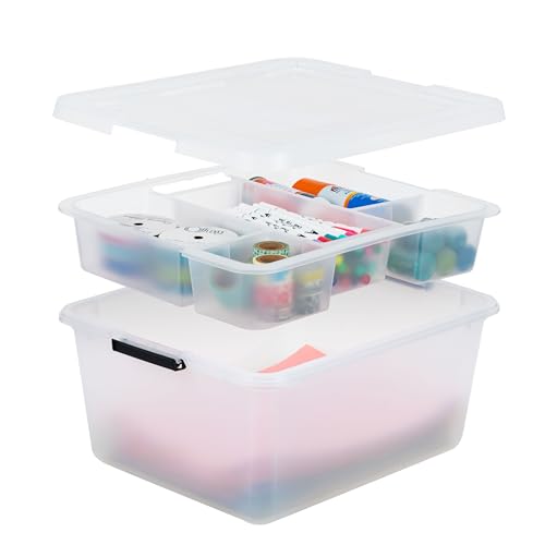 IRIS USA 18 QT Clear Storage Organizer with Removable Dividers, Stackable Plastic Storage Box with Lid, Modular Container for Crafts, Tools, Office & Pantry Organization - size: 18 Qt, style: w/ Tray