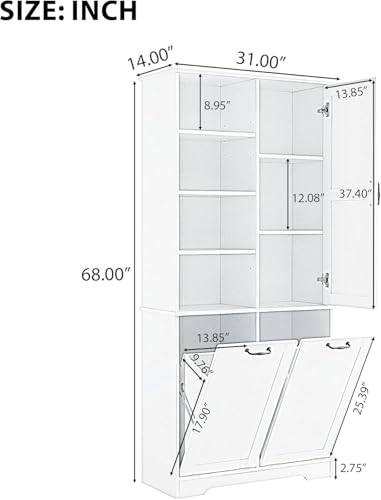 Virubi Tall Laundry Cabinet with 2 Tilt Out Hamper, Wood Bathroom Storage Cabinet with Doors and Adjustable Shelves Freestanding,Oak (Oak)