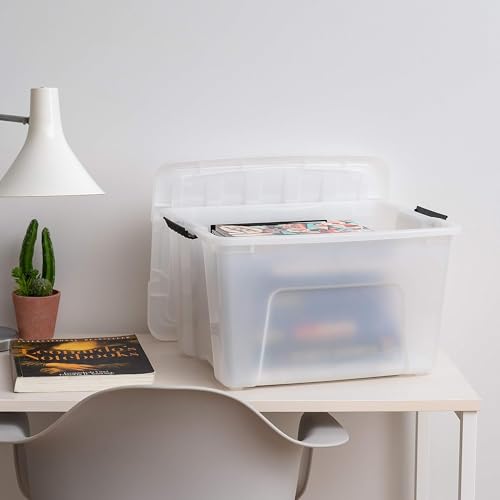 IRIS USA 40 Qt Stackable Plastic Storage Bins with Lids, 4 Pack - BPA-Free, Made in USA - Discreet Organizing Solution, Latches, Durable Nestable Containers, Secure Pull Handle - Pearl - size: 40 Qt, style: 4 Pack