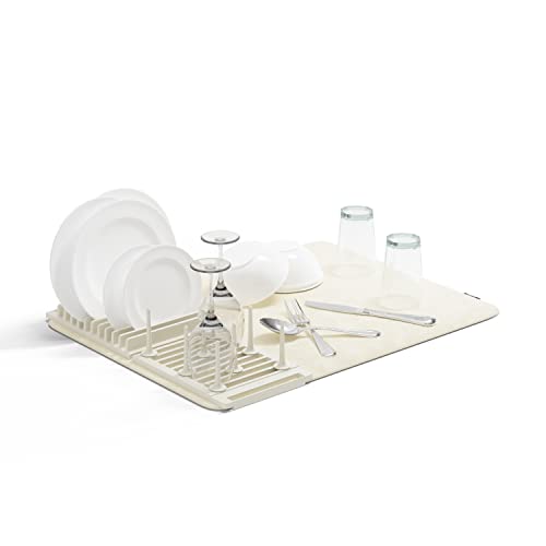 Umbra Udry Dish Rack with Movable Pegs and Microfiber Drying Mat – Space-Saving Design Folds Up for Easy Storage, Basic Rack, Linen - color: Linen, style: Rack with Pegs