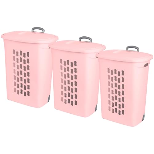 Sterilite 3 Pack Ultra Wheeled Hamper, Plastic Laundry Basket Clothes Bin with Wheels, Flip Top Lid and Retractable Handle, Pink Frost - color: Pink Frost