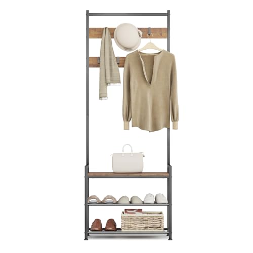 Coat Rack Hall Tree with Shoe Storage, Entryway Hall Tree Storage Bench, Wood Look Accent Furniture with Metal Frame, 3-in-1 Design, Rustic Brown - color: Brown