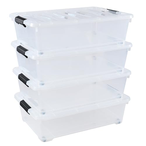 4-Pack 25 Quart Large Plastic Underbed Clothes Storage Containers Bins, Wheeled Latching Box with Lids for Closet Organizers Shoes Underbed, Clear - size: 25 Quart